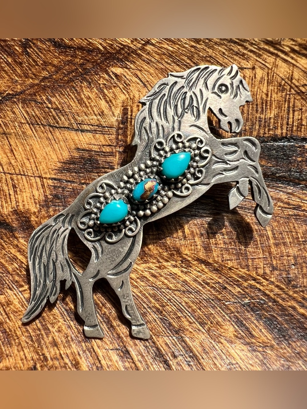 Sterling Silver Kingman Turquoise Dahlia Horse Pendant